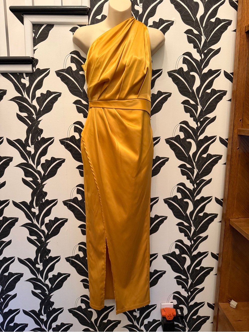 Gold Satin One Shoulder Draped Dress Size Small New,